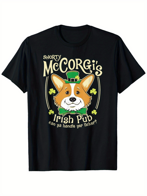 Men's Graphic T-Shirt Funny Irish Pub Clover With Green Hat And Cartoon Corgi Dog