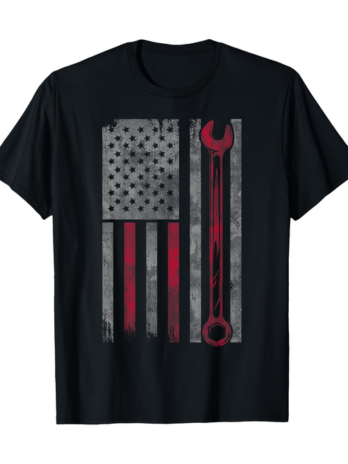 Men's Graphic T-Shirt Grunge Tool Style Stripes In Faded Colors With Distressed Wrench Flag