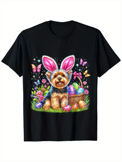 Men's Graphic T-Shirt Spring Garden With Easter Eggs Basket Beside Cute Bunny Eared Dog