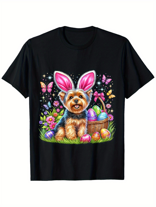 Men's Graphic T-Shirt Spring Garden With Easter Eggs Basket Beside Cute Bunny Eared Dog
