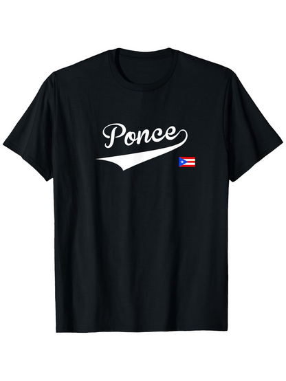 Men's Graphic T-Shirt Ponce Script White Swoosh With Small Puerto Rican Flag