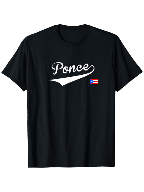 Men's Graphic T-Shirt Ponce Script White Swoosh With Small Puerto Rican Flag