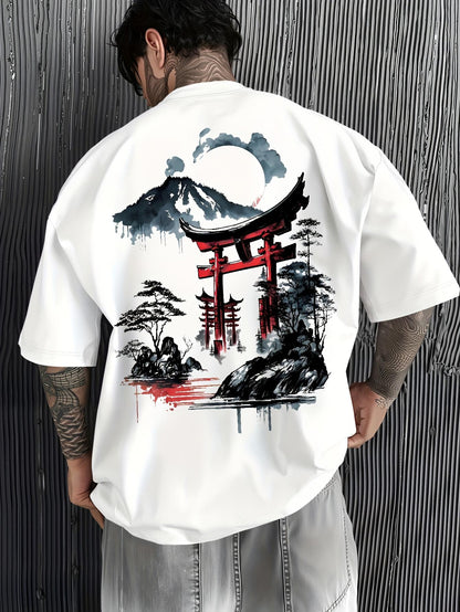 Men's Graphic T-Shirt Serene Japanese Landscape With Misty Mountains Moon And Torii Gate