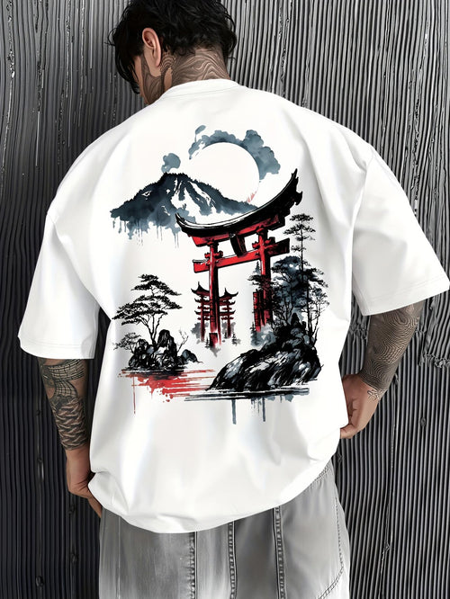 Men's Graphic T-Shirt Serene Japanese Landscape With Misty Mountains Moon And Torii Gate
