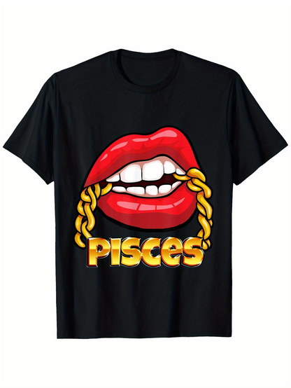 Men's Graphic T-Shirt Pisces Bold Gold Chain With Glossy Red Lip Art
