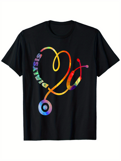 Men's Graphic T-Shirt Colorful Heart Shaped Stethoscope With Dialysis Theme Text T Shirt