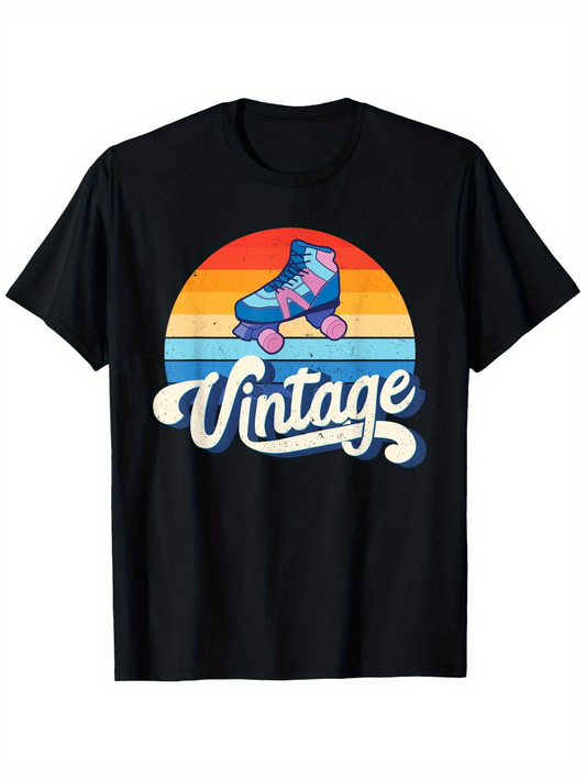 Men's Graphic T-Shirt Vintage Retro Striped Sunset With Colorful Roller Skate