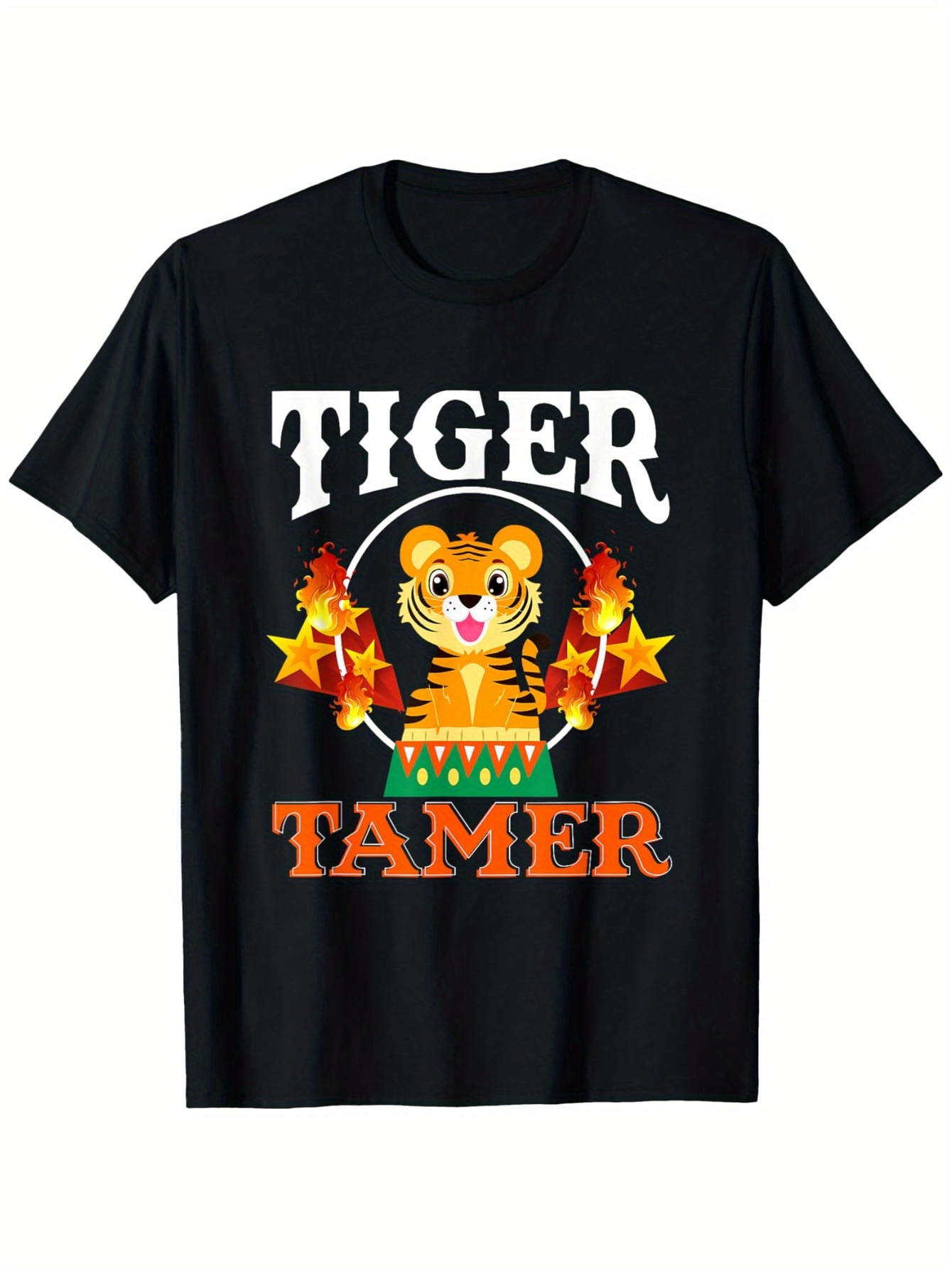 Men's Graphic T-Shirt Tiger Tamer With Circus Flames And Playful Cartoon Tiger