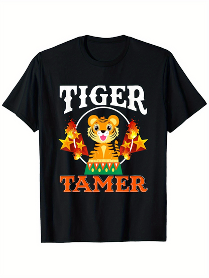 Men's Graphic T-Shirt Tiger Tamer With Circus Flames And Playful Cartoon Tiger