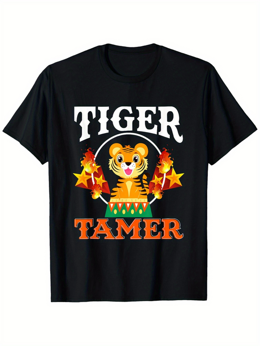 Men's Graphic T-Shirt Tiger Tamer With Circus Flames And Playful Cartoon Tiger
