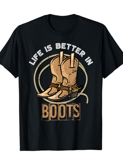 Men's Graphic T-Shirt Life Is Better In Vintage Horseshoe Circle With Country Western Boots