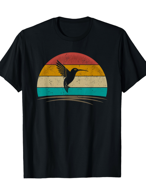 Men's Graphic T-Shirt Sunset Horizon With Colorful Stripes Behind Flying Hummingbird