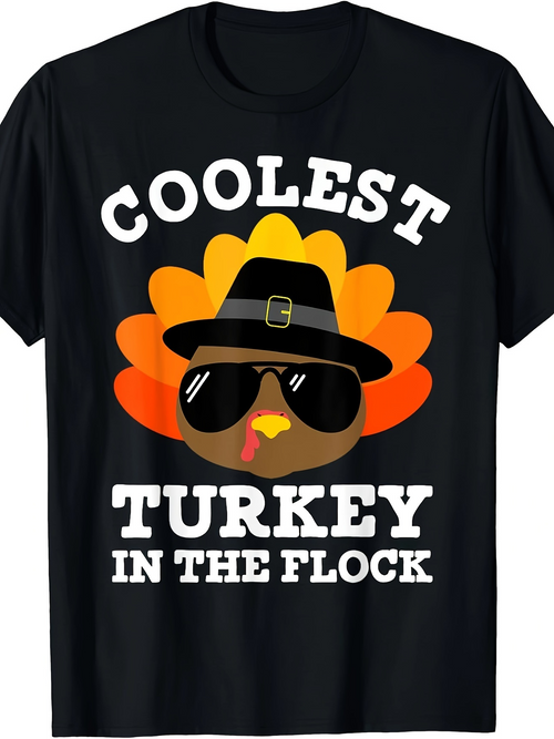 Men's Graphic T-Shirt Coolest Turkey In The Flock With Sunglasses And Pilgrim Hat Cartoon Turkey