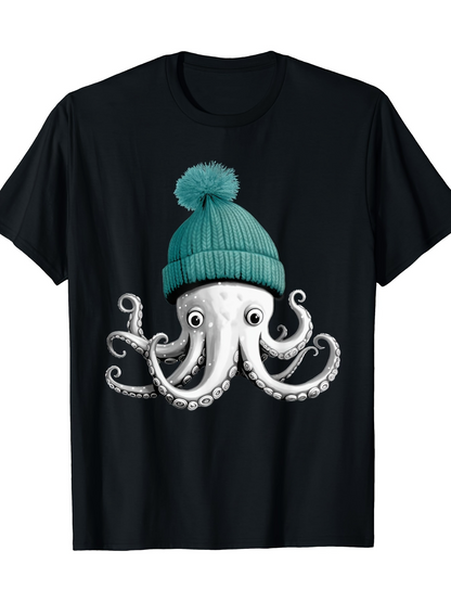 Men's Graphic T-Shirt Cartoon Style Playful Octopus With Knitted Blue Winter Hat Octopus