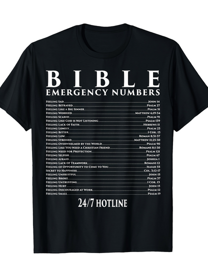 Men's Graphic T-Shirt Bible Emergency Numbers With White Hotline Text On Classic Shirt