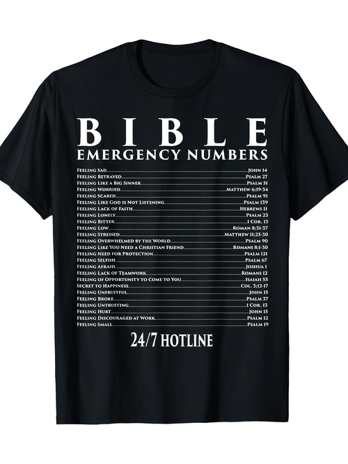 Men's Graphic T-Shirt Bible Emergency Numbers With White Hotline Text On Classic Shirt