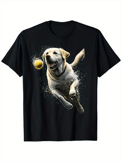 Men's Graphic T-Shirt Energetic Playful Dog Leaping With Splashing Water And Bright Yellow Ball Dog