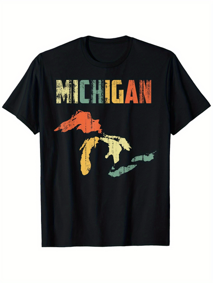 Men's Graphic T-Shirt Michigan Colorful Abstract State Map Featuring Bold Letters Michigan