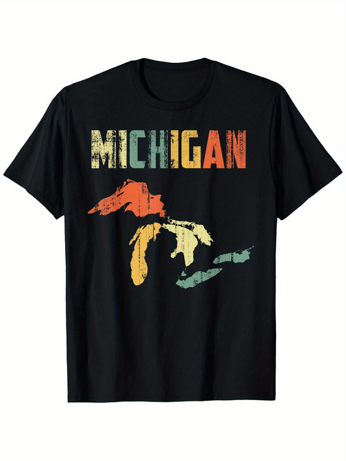 Men's Graphic T-Shirt Michigan Colorful Abstract State Map Featuring Bold Letters Michigan