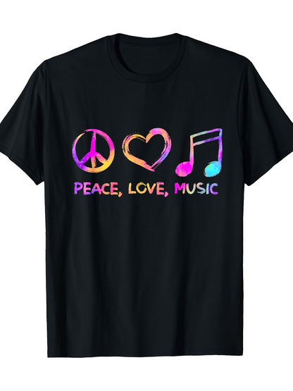Men's Graphic T-Shirt Peace Love Music With Rainbow Gradient Symbols And Colorful Letters T Shirt