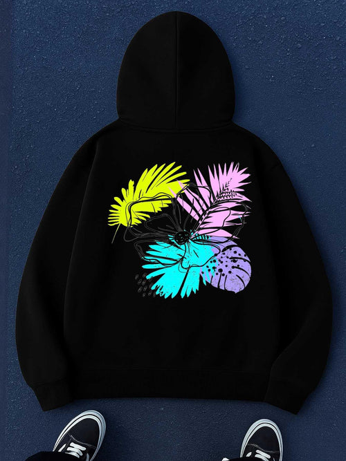 Women's Graphic Hoodie Colorful Neon Overlay Tropical Leaf Motifs On Hoodie
