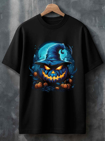 Men's Graphic T-Shirt Glowing Blue Hat With Fiery Eyes Surrounded By Pumpkins Pumpkin