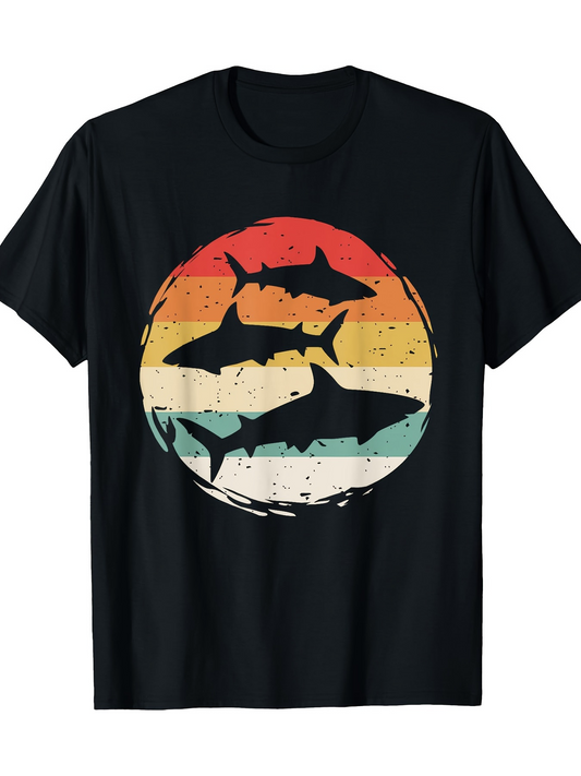 Men's Graphic T-Shirt Colorful Striped Vintage Retro Sunset With Three Swimming Shark