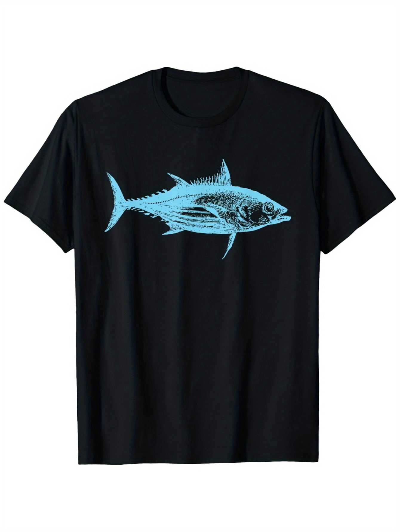 Men's Graphic T-Shirt Electric Blue Line Art Illustration With Detailed Fins And Scales Fish