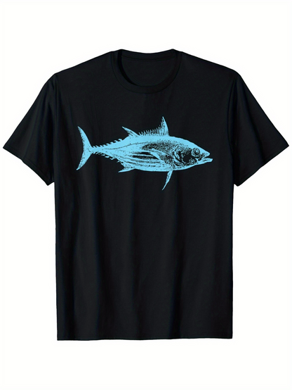 Men's Graphic T-Shirt Electric Blue Line Art Illustration With Detailed Fins And Scales Fish