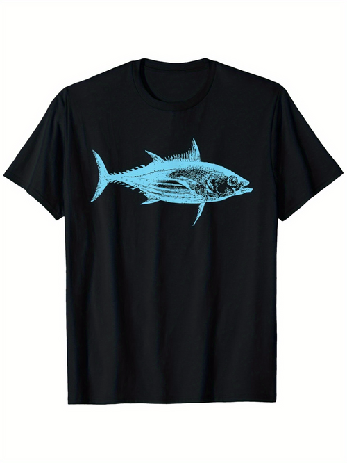 Men's Graphic T-Shirt Electric Blue Line Art Illustration With Detailed Fins And Scales Fish