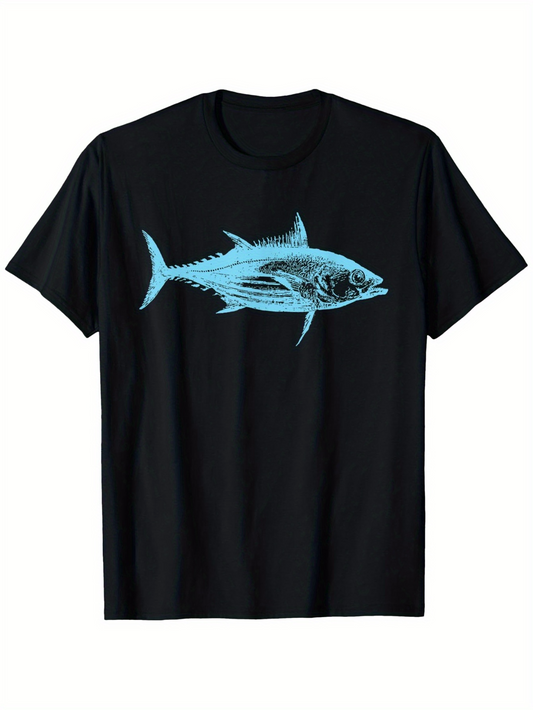 Men's Graphic T-Shirt Electric Blue Line Art Illustration With Detailed Fins And Scales Fish