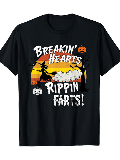 Men's Graphic T-Shirt Breakin Hearts Rippin Farts Halloween Cloud With Pumpkin Sunset Witch