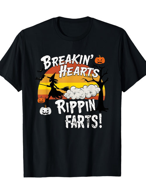Men's Graphic T-Shirt Breakin Hearts Rippin Farts Halloween Cloud With Pumpkin Sunset Witch