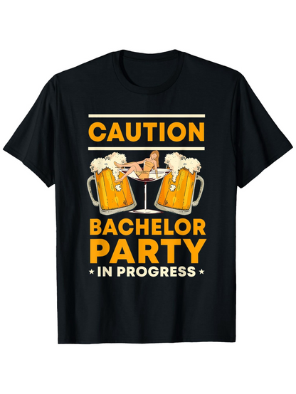 Men's Graphic T-Shirt Caution Bachelor Party In Progress With Beer Mugs And Party Girl