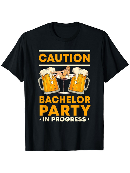 Men's Graphic T-Shirt Caution Bachelor Party In Progress With Beer Mugs And Party Girl