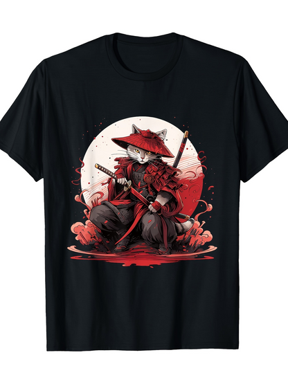 Men's Graphic T-Shirt Red Sunlight Samurai Outfit With Fierce Warrior Cat Holding Swords