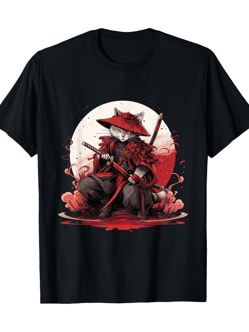 Men's Graphic T-Shirt Red Sunlight Samurai Outfit With Fierce Warrior Cat Holding Swords