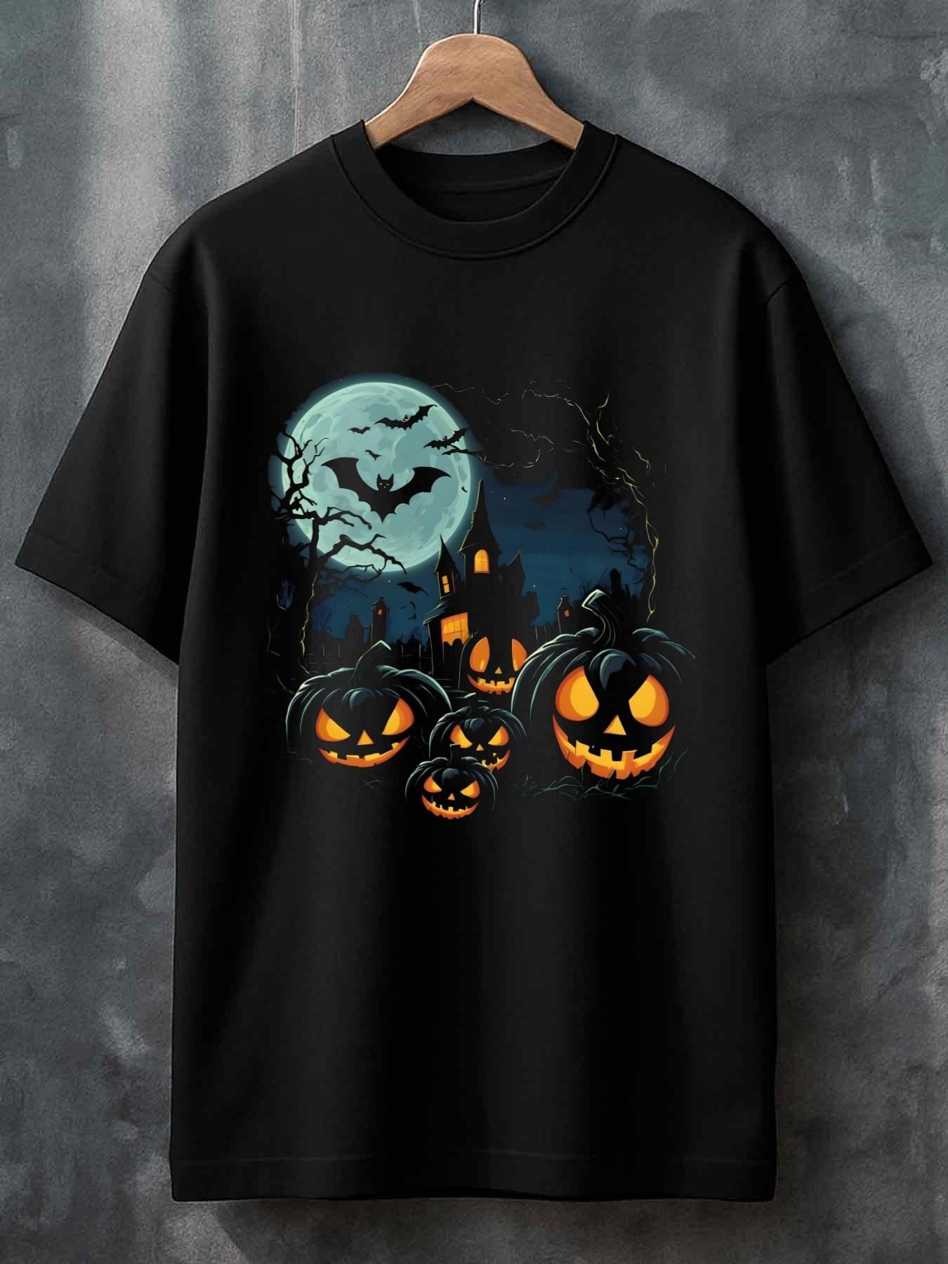 Men's Graphic T-Shirt Haunted Blue Night With Full Moon Pumpkin Lanterns Surrounded By Shadows