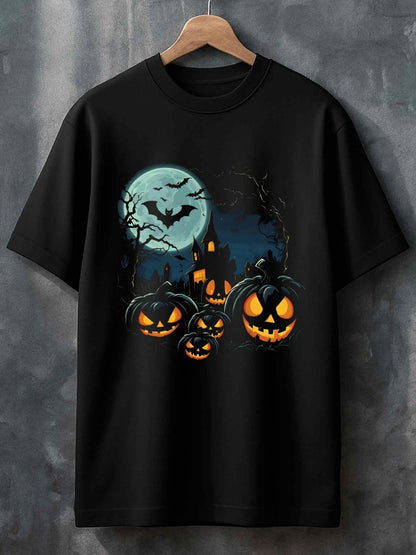 Men's Graphic T-Shirt Haunted Blue Night With Full Moon Pumpkin Lanterns Surrounded By Shadows