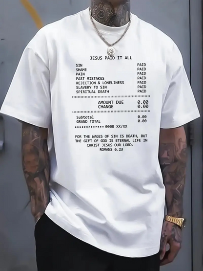 Men's Graphic T-Shirt Jesus Paid It All With Printed Receipt Text Message Featuring Faith Theme Shirt