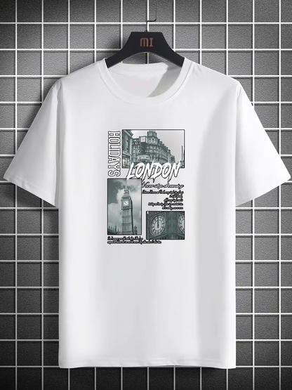 Men's Graphic T-Shirt London Dream Collage With City Buildings Under Vintage Clouds Clock Tower