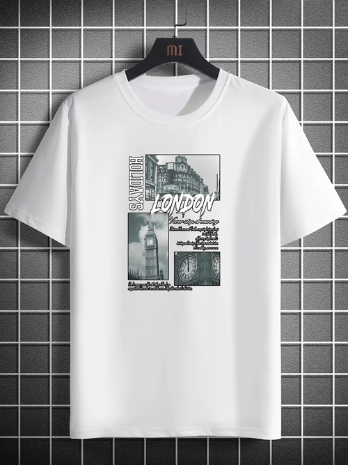 Men's Graphic T-Shirt London Dream Collage With City Buildings Under Vintage Clouds Clock Tower