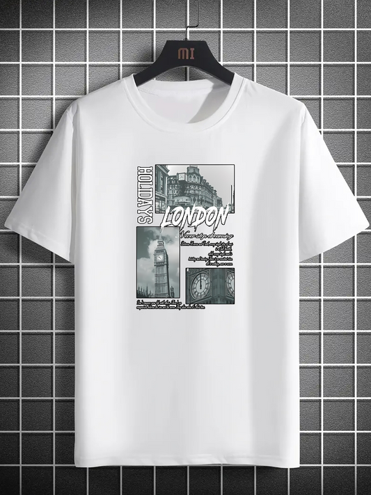 Men's Graphic T-Shirt London Dream Collage With City Buildings Under Vintage Clouds Clock Tower