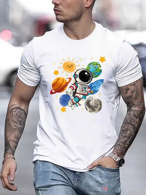 Men's Graphic T-Shirt Colorful Galaxies With Whimsical Planets Floating Around Cartoon Astronaut