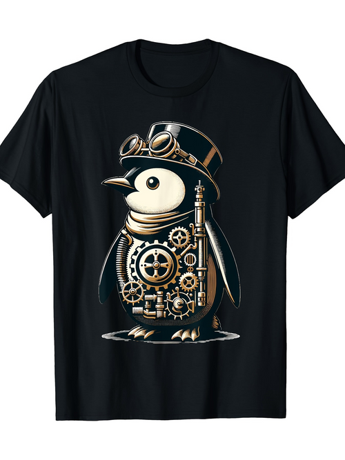 Men's Graphic T-Shirt Steampunk Gears And Metallic Clockwork With Penguin