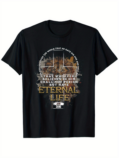 Men's Graphic T-Shirt Whoever Believes In Him Has Eternal Life Surrounded By Grunge Typography And Subtle Cross