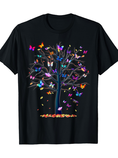 Men's Graphic T-Shirt Vibrant Rainbow Butterflies Resting Among Colorful Leaves On Majestic Tree