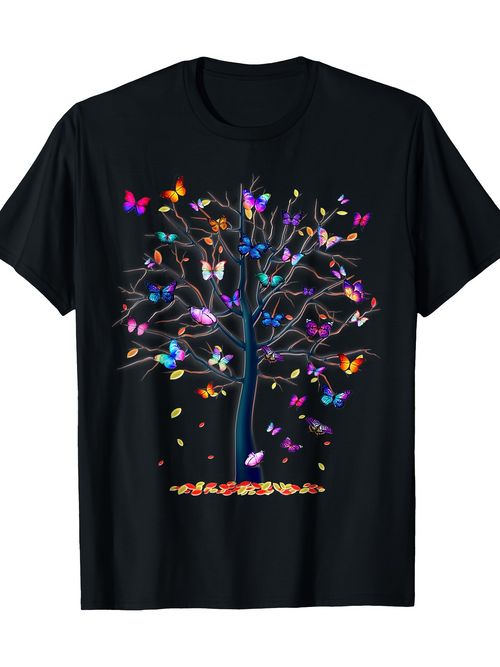 Men's Graphic T-Shirt Vibrant Rainbow Butterflies Resting Among Colorful Leaves On Majestic Tree