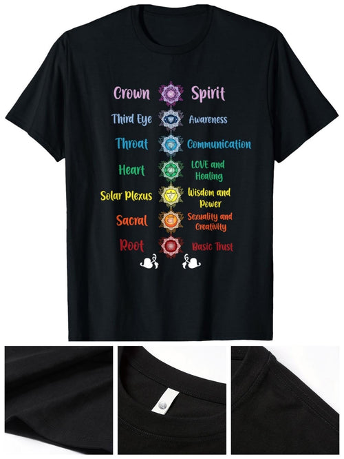 Men's Graphic T-Shirt Colorful Chakra Energy Points With Symbolic Motifs Around Spiritual Healing Text