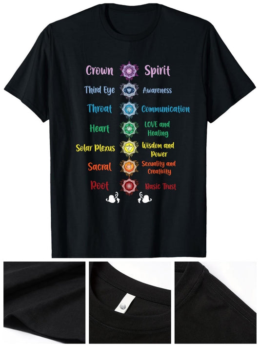 Men's Graphic T-Shirt Colorful Chakra Energy Points With Symbolic Motifs Around Spiritual Healing Text